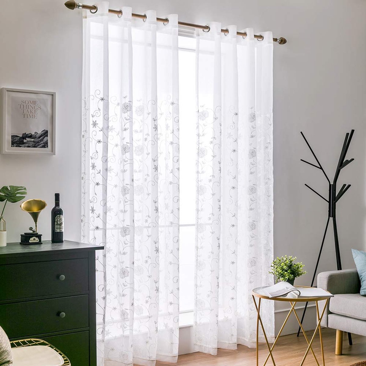 Ibenzoa® Transparant voile gordijn met bloemenmotief en oogjes voor stijlvolle ramen