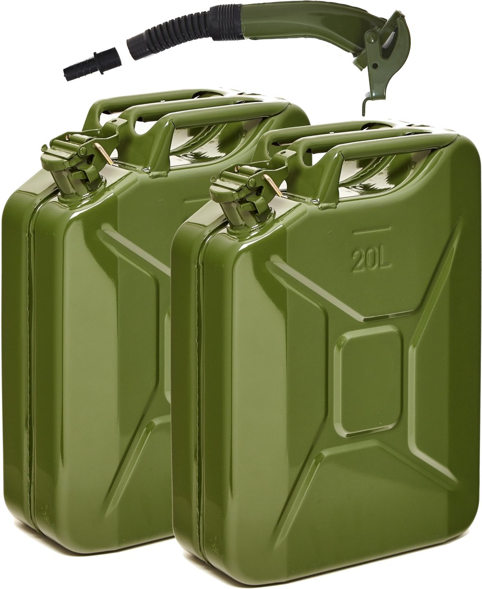 BW® Fuel Canister Metalen Benzineblik - Jerrycan 2x 20 Liter met Schenktuit - Olijfgroen - TÜV-getest en UN-goedgekeurd - Gemaakt in Europa