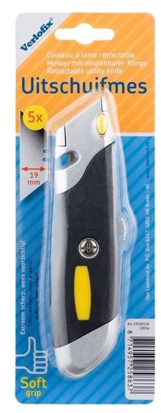 Verlofix uitschuifmes met zwart, grijs en geel handvat. 'Soft grip' aanduiding.