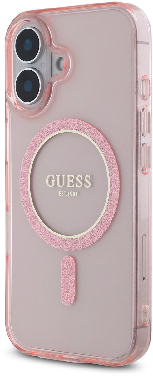 GUESS, Magsafe hoesje Geschikt voor Apple iPhone 16 met glittercirkel, Roze