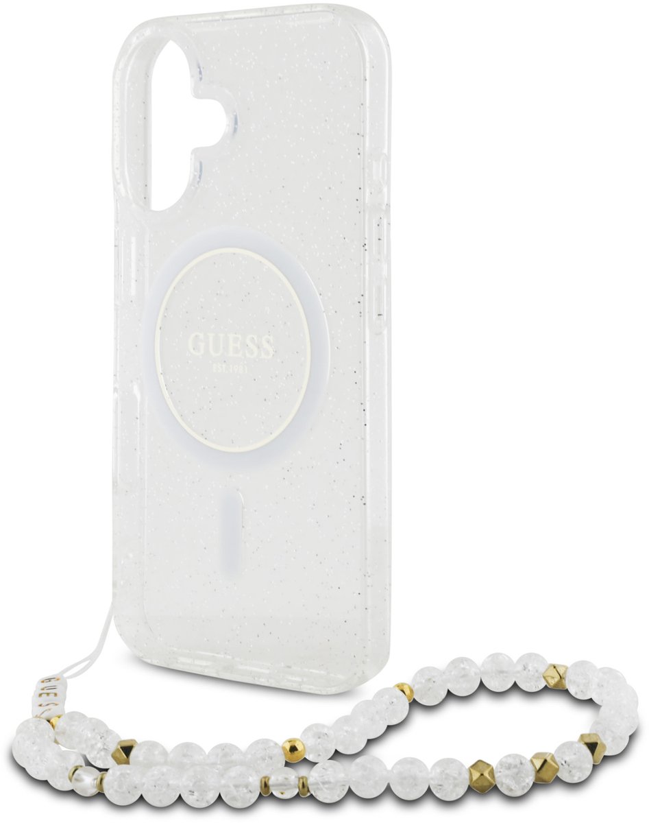 Guess IML Glitter Beads iPhone 16 hoesje met polskoord en MagSafe - Transparant