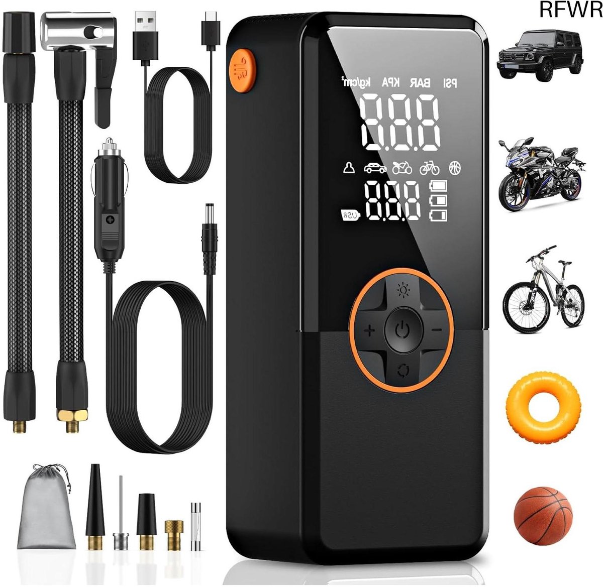 RFWR® Draagbare Elektrische Luchtpomp met 10.000 mAh Batterij en LCD Scherm voor Auto's, Fietsen en Motorfietsen