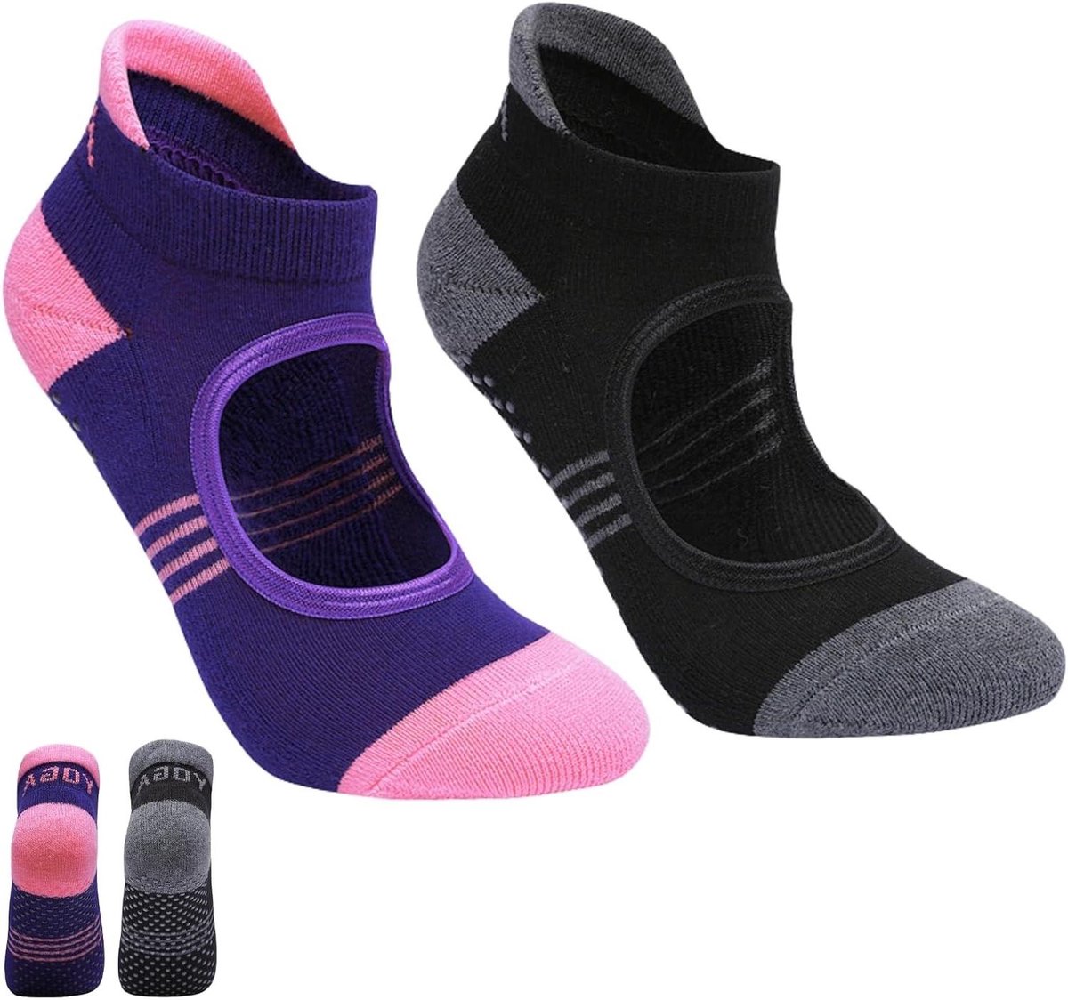 Allecto Plus - Pilatesokken 2 paar voor dames en meisjes | Yogasokken met handgrepen - ademend katoen - volledige teen - voor pilates, ballet, fitness, dans training, barre - Zwart + Roze - Eenheidsmaat