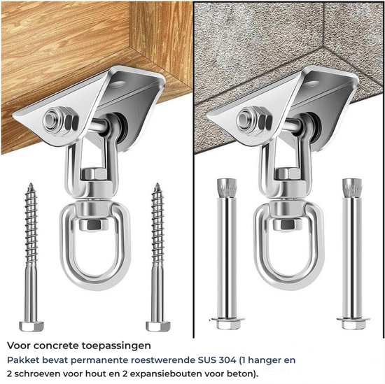 Robuuste zilverkleurige schommelophanging van SUS 304 roestvrij staal voor beton of hout, inclusief schroeven.