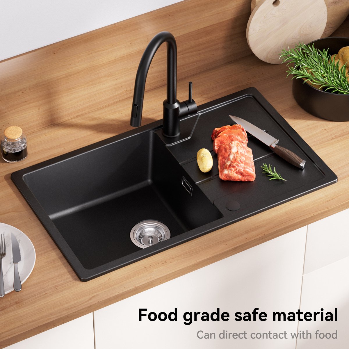 DERW MAX Spoelbakken 78x45CM - 1 Spoelbak Zwart Granieten - Opbouw Spoelbak Keuken met planchet - Afdrui