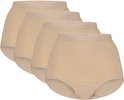 Vier beige high-waist slips van Ten Cate met een elastische tailleband, op een rij.