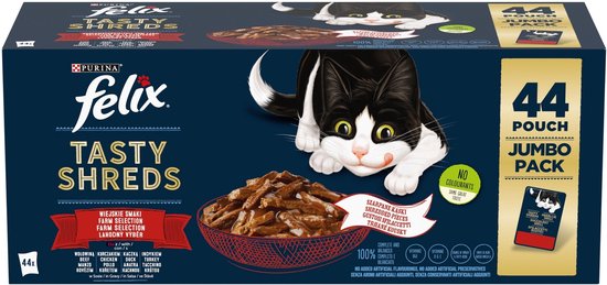 Felix Heerlijke Reepjes Farm Selectie - Kattenvoer natvoer - Rund, Kip, Eend, Kalkoen - 44 x 80g