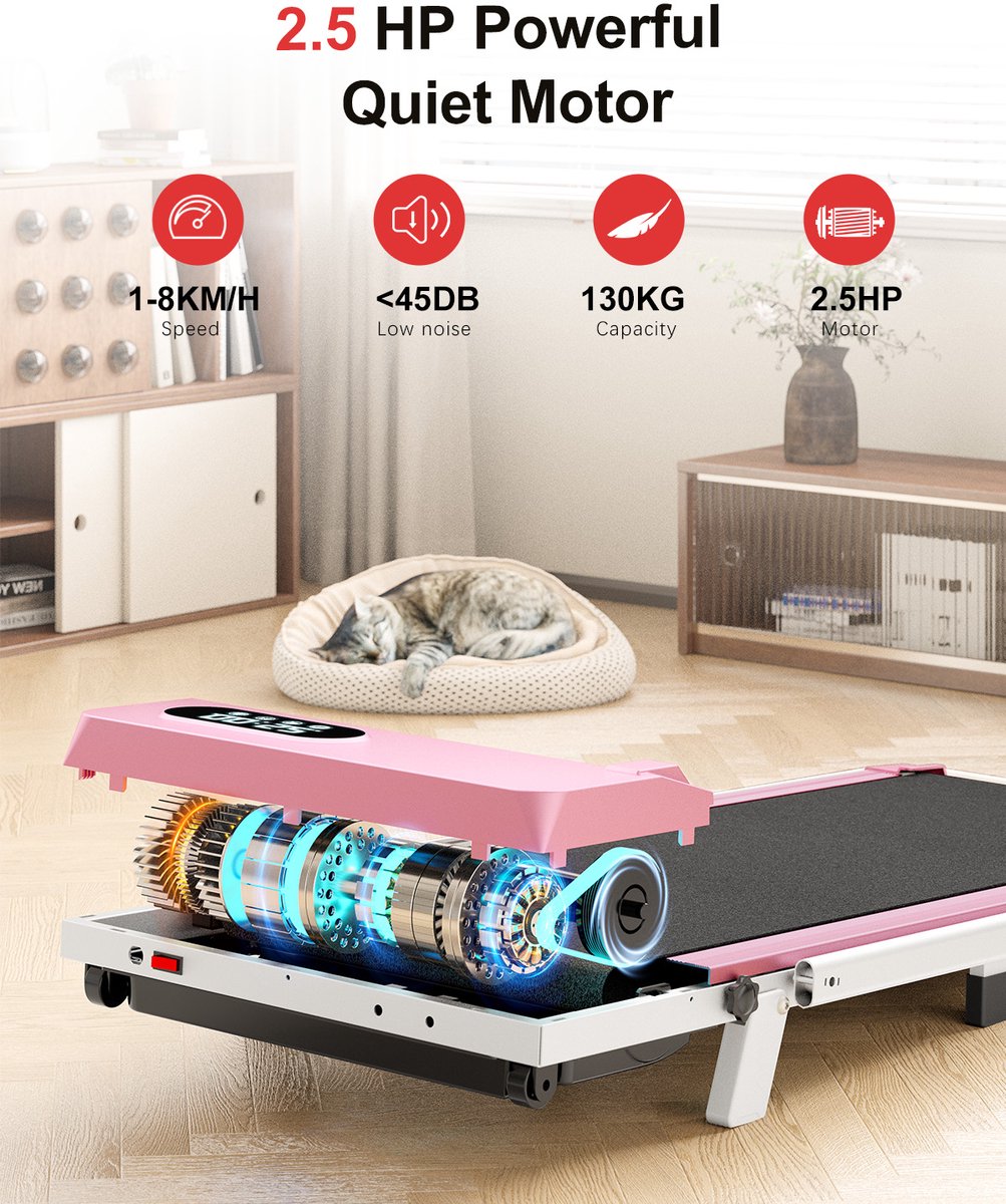 Afbeelding 3 van Loopband Met 7% helling - Inklapbaar loopband Elektrisch met armleuningen, 1-8 km/u - met afstandsbediening en LCD-display - Walkingpad - Treadmill - Roze