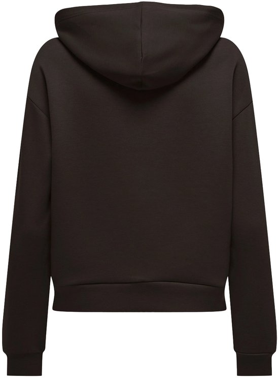 Achterkant van een donkerbruine hoodie met lange mouwen en capuchon.