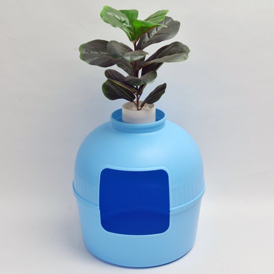 Kattenbak plantenbak met palmboom of planten 7 Blauwe planten kattenbak voor grote katten – Met grote ingang (51 cm)