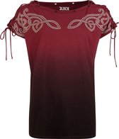 Dames T-shirt in dip-dye rood, met zilverkleurige Keltische knoopprint op de schouders en veterdetails.