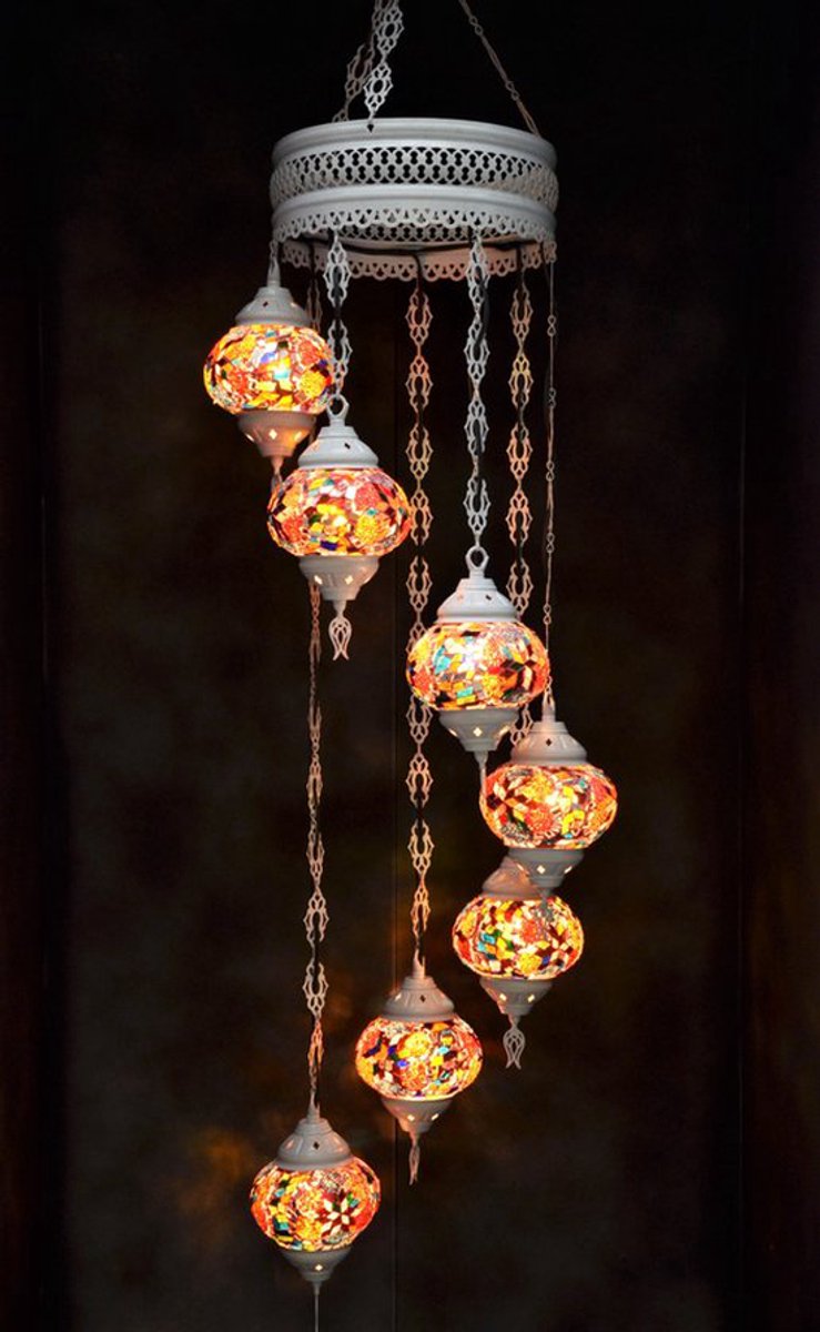 Hanglamp multicolour glas oranje mozaïek Oosterse lamp kroonluchter Crèmewit 7 bollen