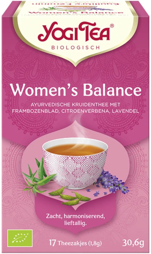 Yogi Tea Women's Balance biologische kruidenthee. Roze verpakking met bloemenpatroon. Een kop thee met kruiden.