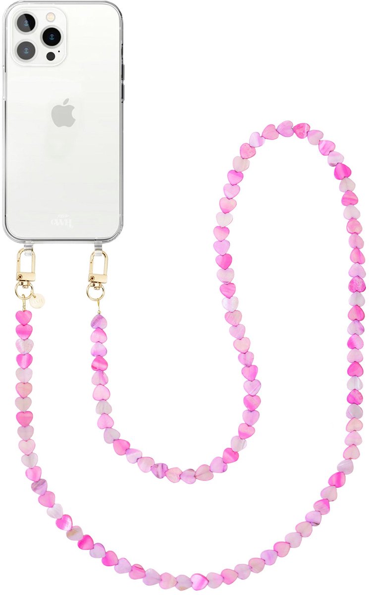 xoxo Wildhearts siliconen hoesje - Geschikt voor iPhone 16 Pro Max hoesje - Shell Hearts (long) - Telefoonhoesje - Hoesje met koord - gekleurde hartjes - Lang koord - Transparant hoesje met telefoonkoord - Roze & Paars