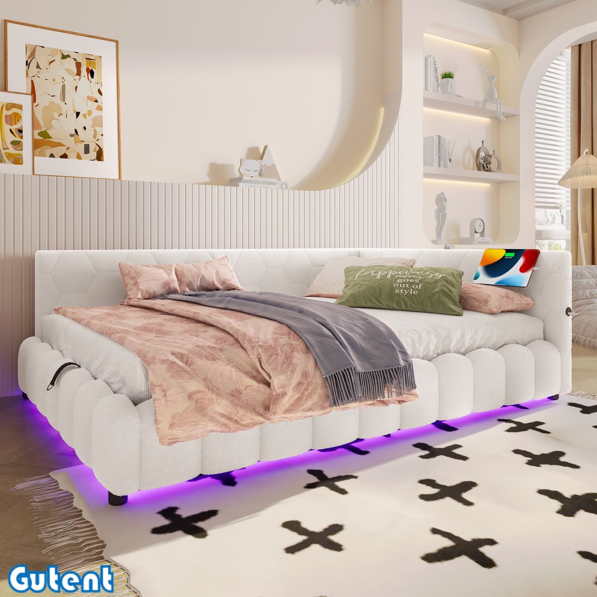 Gutent Slaapbank - 140*200 cm - met lattenbodem (Zonder matras) - met LED-lichtlijst - met hydraulisch hefmechanisme - USB-interface - Type-C - wollig - Wit