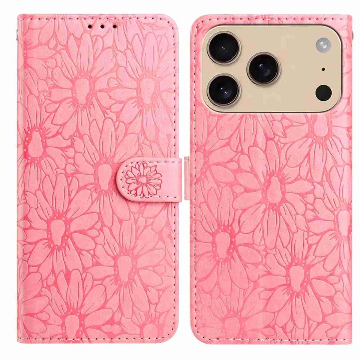 Mobigear Telefoonhoesje geschikt voor Apple iPhone 17 Pro Max Hoesje | Mobigear Flowers Bookcase Portemonnee | Pasjeshouder voor 3 Pasjes | Telefoonhoesje voor Pinpas / OV Kaart / Rijbewijs - Roze