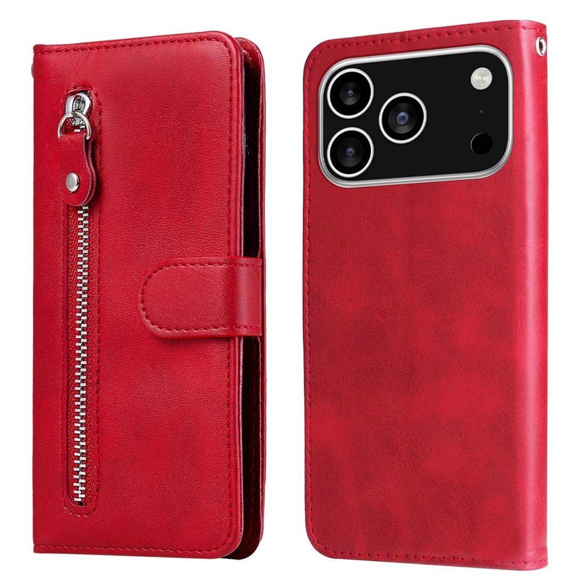 Mobigear Telefoonhoesje geschikt voor Apple iPhone 17 Pro Hoesje | Mobigear Zipper Bookcase Portemonnee | Pasjeshouder voor 3 Pasjes | Telefoonhoesje voor Pinpas / OV Kaart / Rijbewijs - Rood