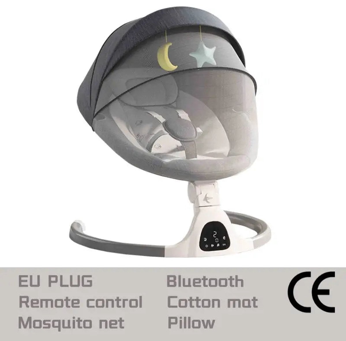 Elektrische Wipstoel - Baby Schommel - Elektrisch Wieg - Baby Bed - LED-display Scherm - Afstandsbediening - Bluetooth - Verstelbare Hangstoel - Nieuw Grijs