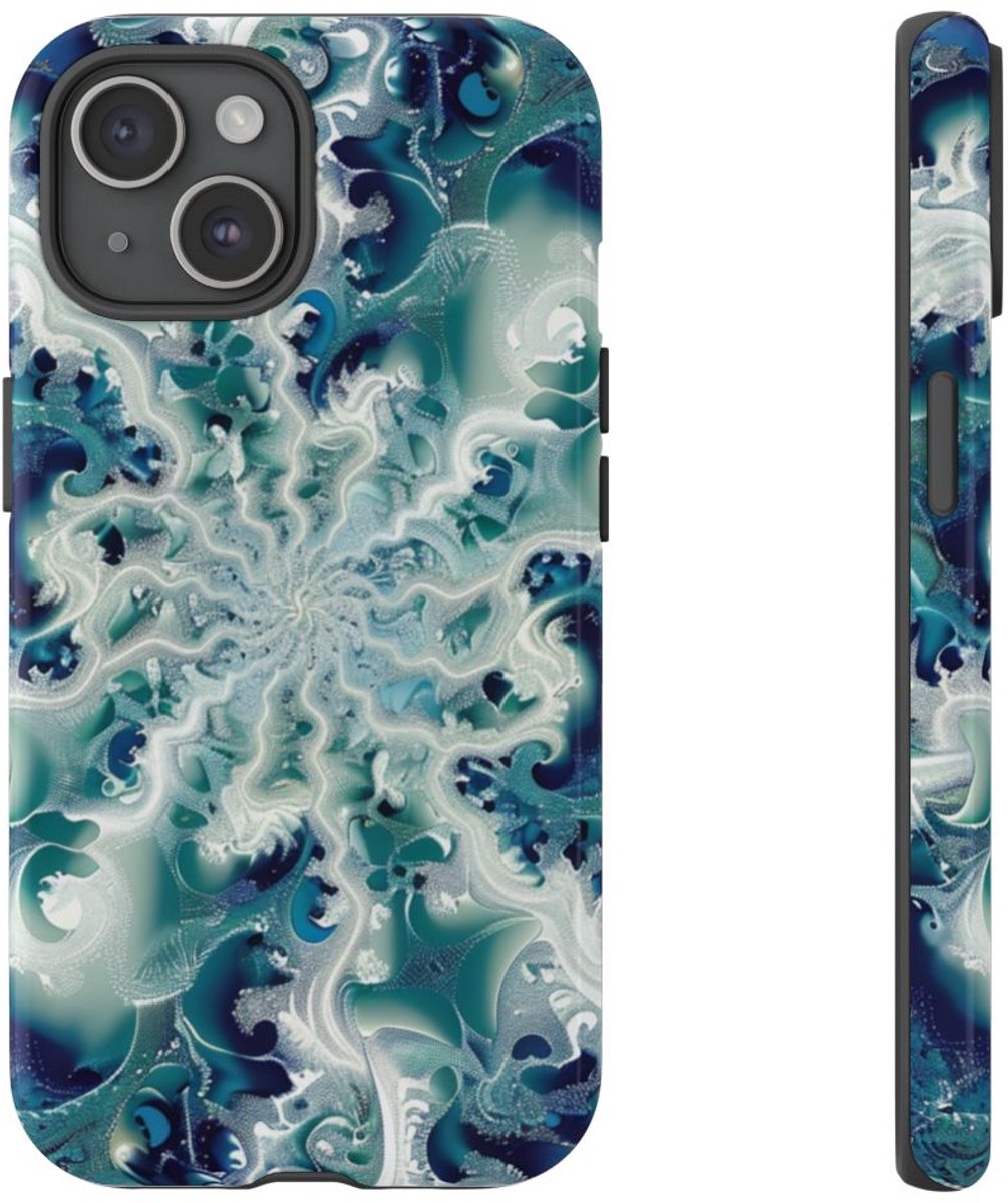 Blauw-Groene Fractalwerveling met Glans – Telefoonhoesje Geschikt voor iPhone 15