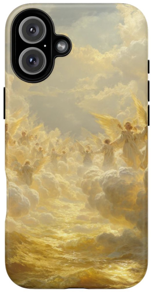 Gouden Engelen in Wolken en Licht – Telefoonhoesje Geschikt voor iPhone 16 Plus