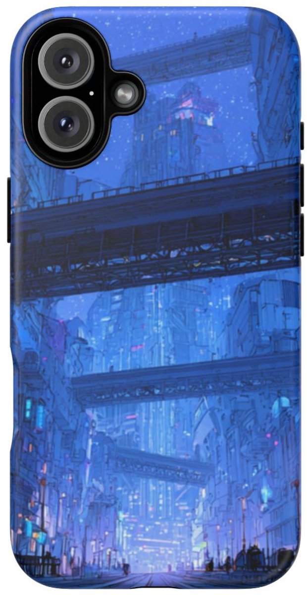 Futuristische Blauwe Stadsstraat – Telefoonhoesje Geschikt voor iPhone 16 Plus