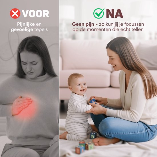 Links: pijnlijke, gevoelige tepels. Rechts: Geen pijn, zodat je je kunt focussen op de momenten die er echt toe doen.