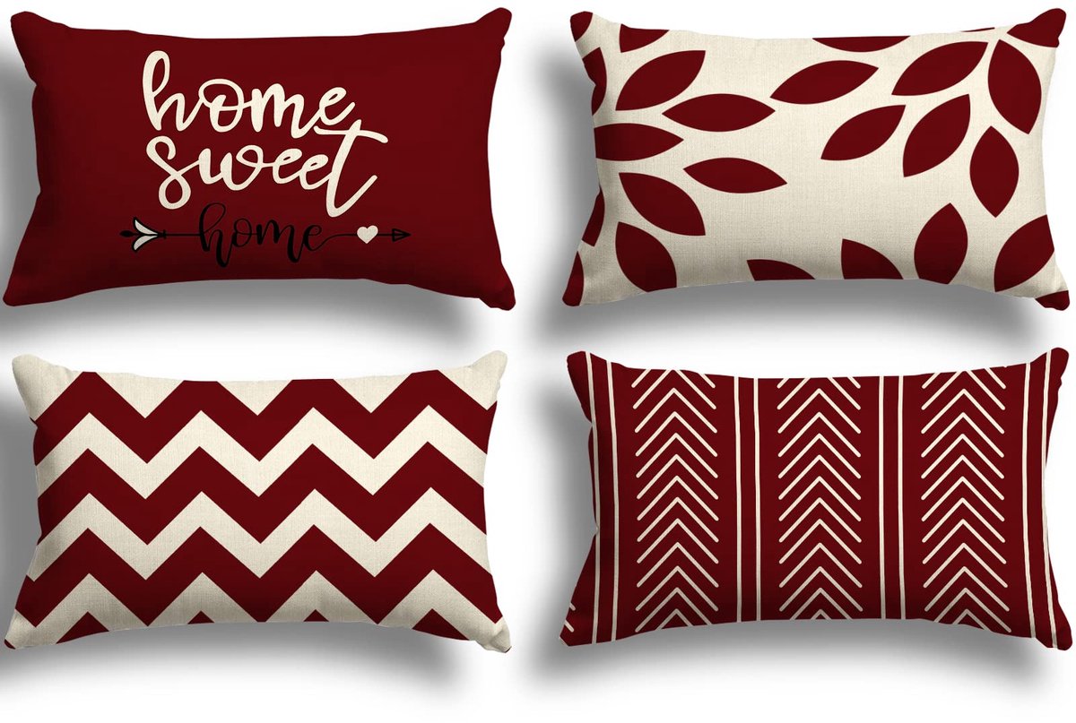 4-delige set Sierkussenhoezen - Decoratief - Geschikt voor binnen en buiten - Burgunderrood, 30 x 50 cm
