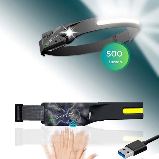 K-NATICS LED Hoofdlamp - USB-C oplaadbaar - Bewegingssensor - 230° en 5 lichtstanden - Koplamp - Camping Lamp - 2 Jaar Garantie!