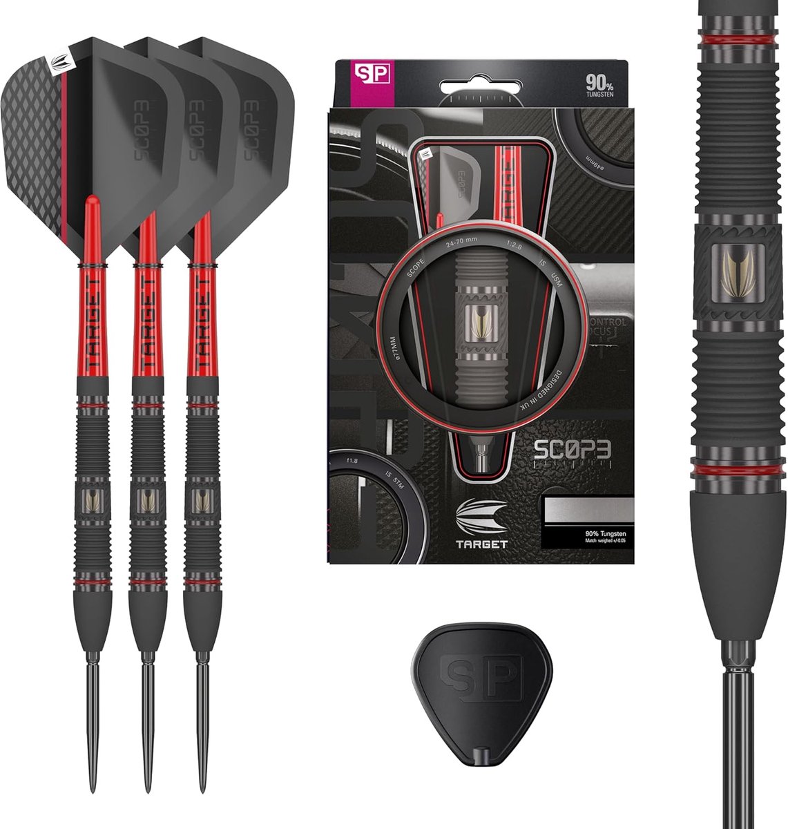 Target Darts Scope Steel Tip Swiss Point Darts, 90% Tungsten Dart Set, Barrel 02-25G | Steel Tip Dart Sets, Red & Black Darts, Professionele Dart Set met Swiss Points & Tool