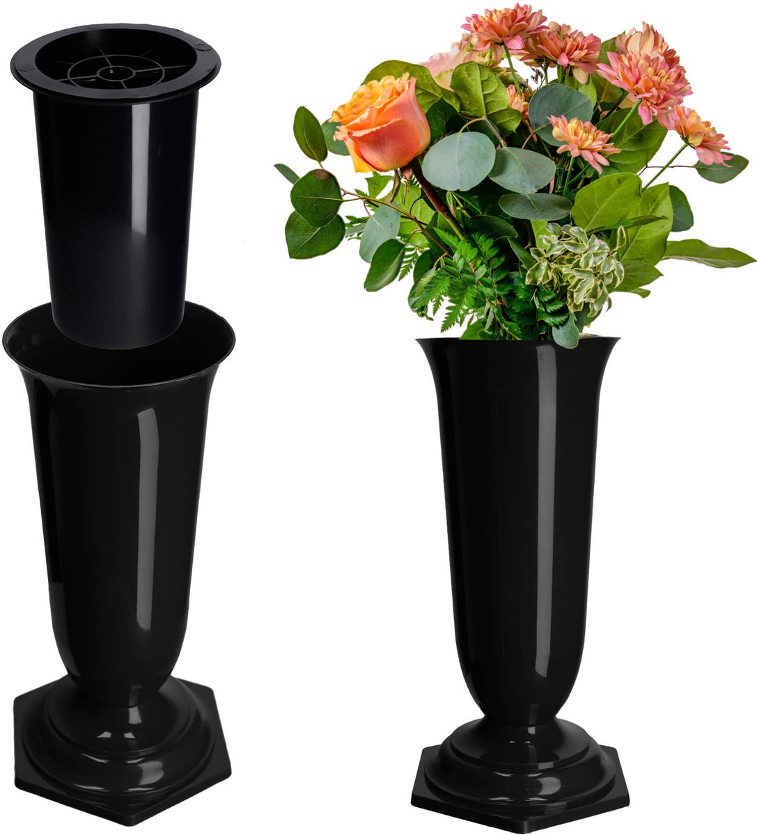 KADAX Grafvaas, vaas van kunststof, bloemenvaas, kunststof vaas voor bloemen, weerbestendige begraafplaats-vaas, vorstbestendige steekvaas voor graf, weerbestendige grafdecoratie (13 cm, zwart)