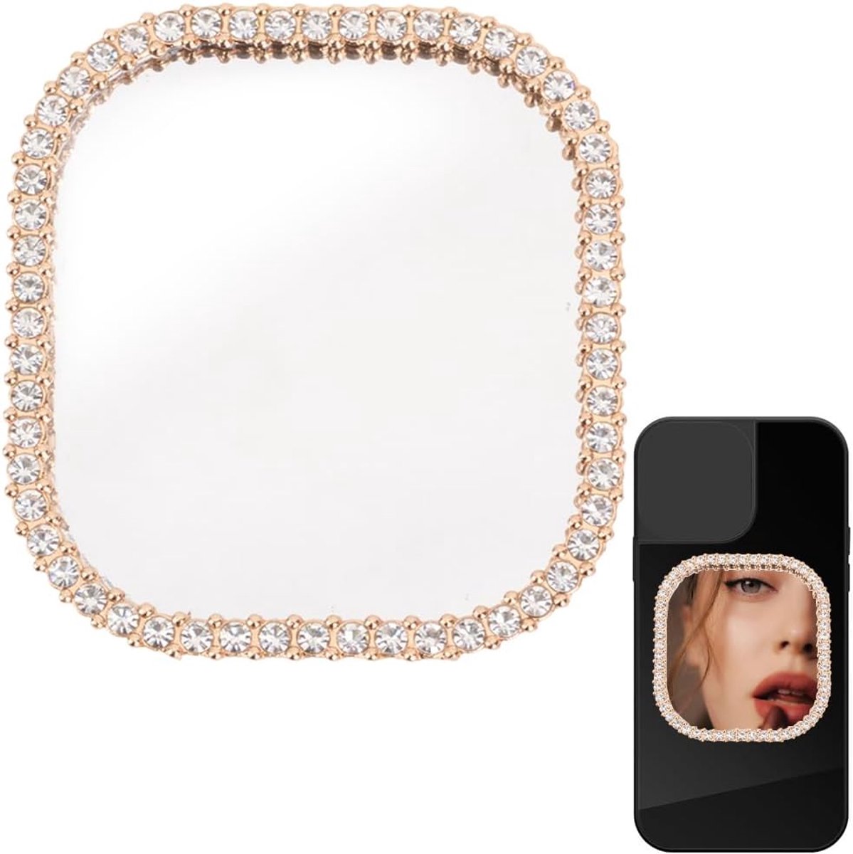 2pcs Mirror Decal - Phone Smartphone Mirror Alloy Golden Rhinestones - Square Mobile Phone Makeup Stick On Self Adhesive Glass Decal - 20pcs Double Sided Tape Voor Vrouwen