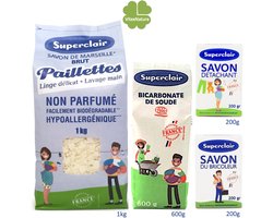 Bio huishoudschoonmaakmiddelen AKTIE pakket. Biologisch ecologisch. Marseille zeepvlokken, Natrium bicarbonaat zeep, Natrium bicarbonaat poeder.
