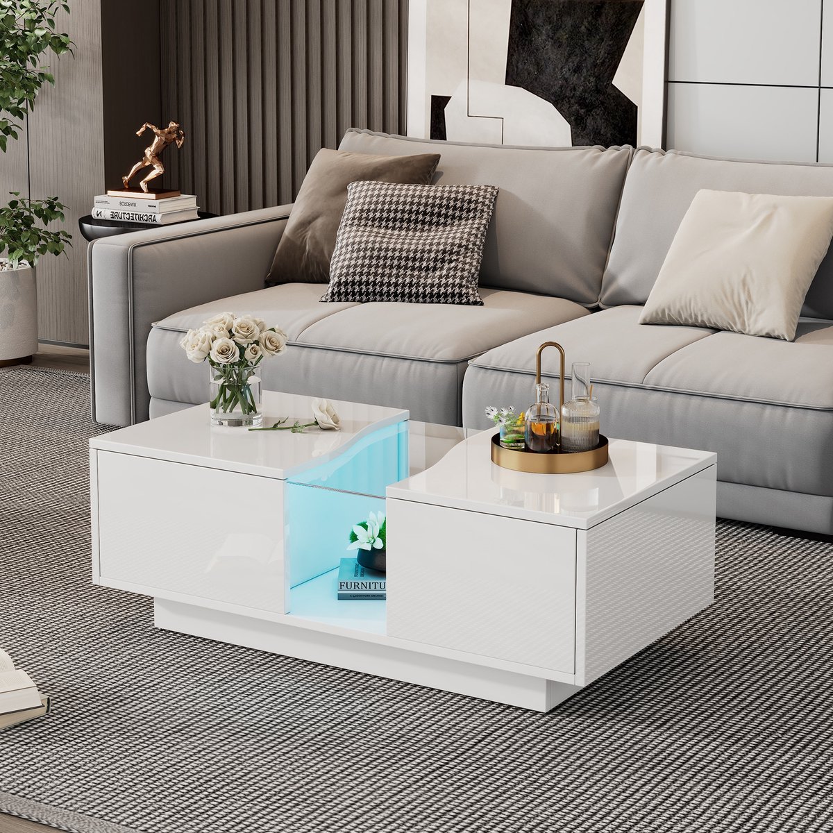 Sweiko Salontafel - LED-verlichting - 2 lades - Hoogglans - Acryl tafelblad - Wit