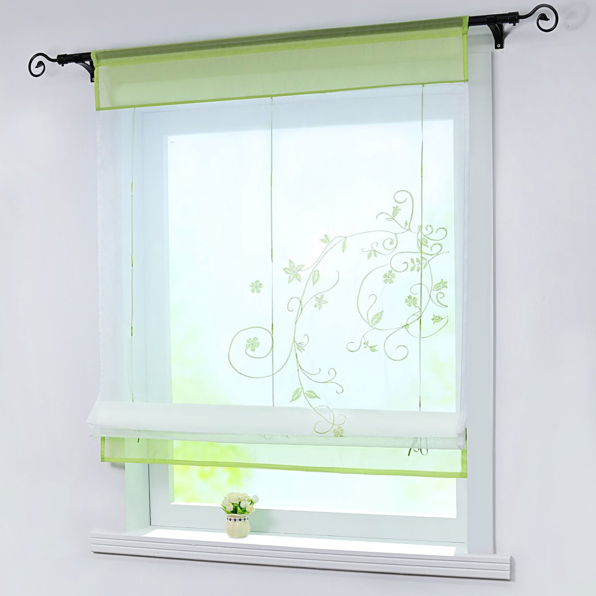 Ibenzoa Vouwgordijn met bloemenborduurwerk en trekkoord - Transparant voile 60x120 cm Wit groen