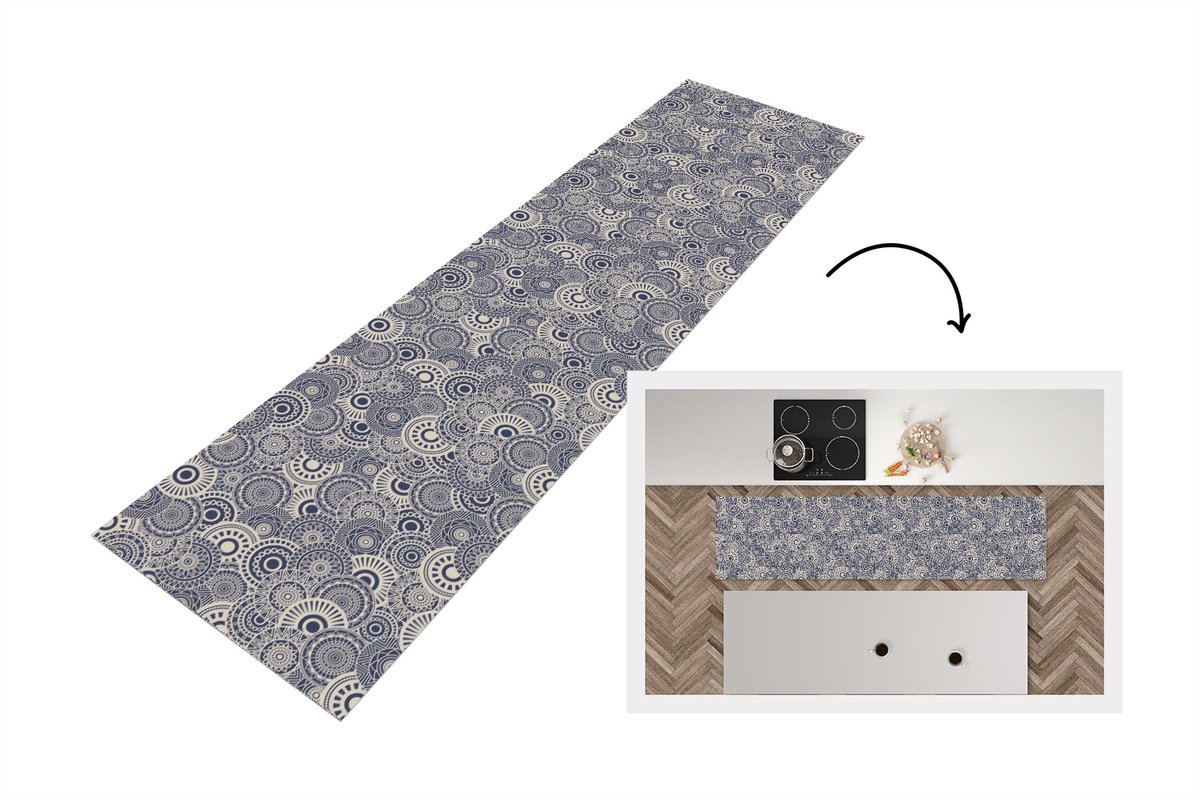 KitchenYeah Keukenloper 240x60 cm - Keukenmat vinyl Mandala - Blauw - Patroon - Keukenmatten loper - Keuken vloerkleed tapijt