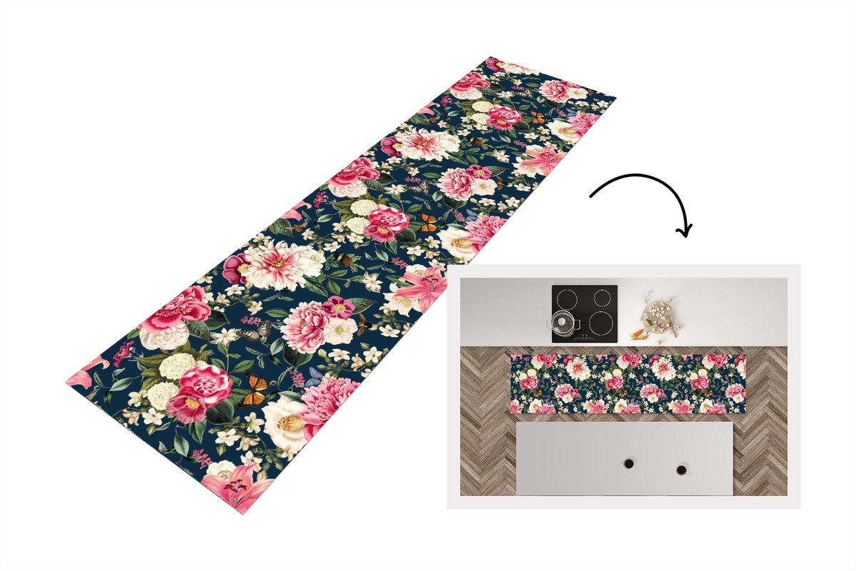 KitchenYeah Keukenloper 240x60 cm - Keukenmat vinyl Patronen - Roos - Bladeren - Keukenmatten loper - Keuken vloerkleed tapijt Rozen