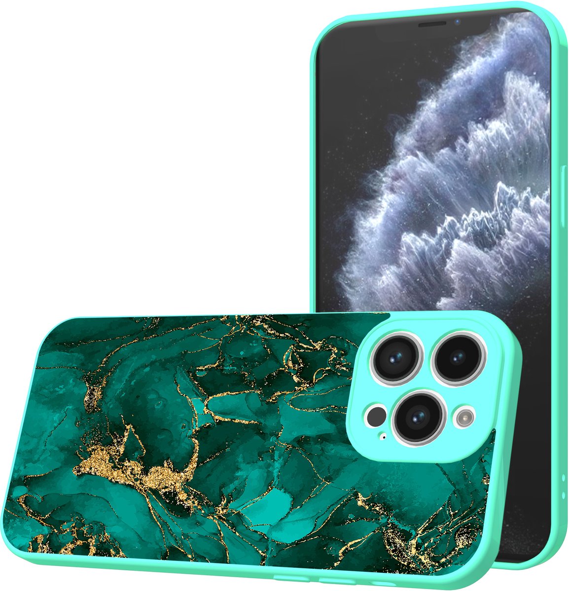 Smartphonica Telefoonhoesje Geschikt voor iPhone 11 Pro Max met Groen Goud Marmer opdruk - TPU Back Cover Case Green Gold Marble Design - Turquoise geschikt voor iPhone 11 Pro Max