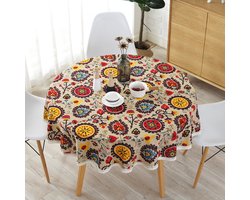 Tafelkleed - Rond - Diameter 120 cm - Vintage katoen- en linnenmixstof Bedrukt tafelkleed - Kanten tafelkleed - Tuintafelkleed - Decoratief tafelkleed - Geschikt voor catering, feest, buffet, bruiloft