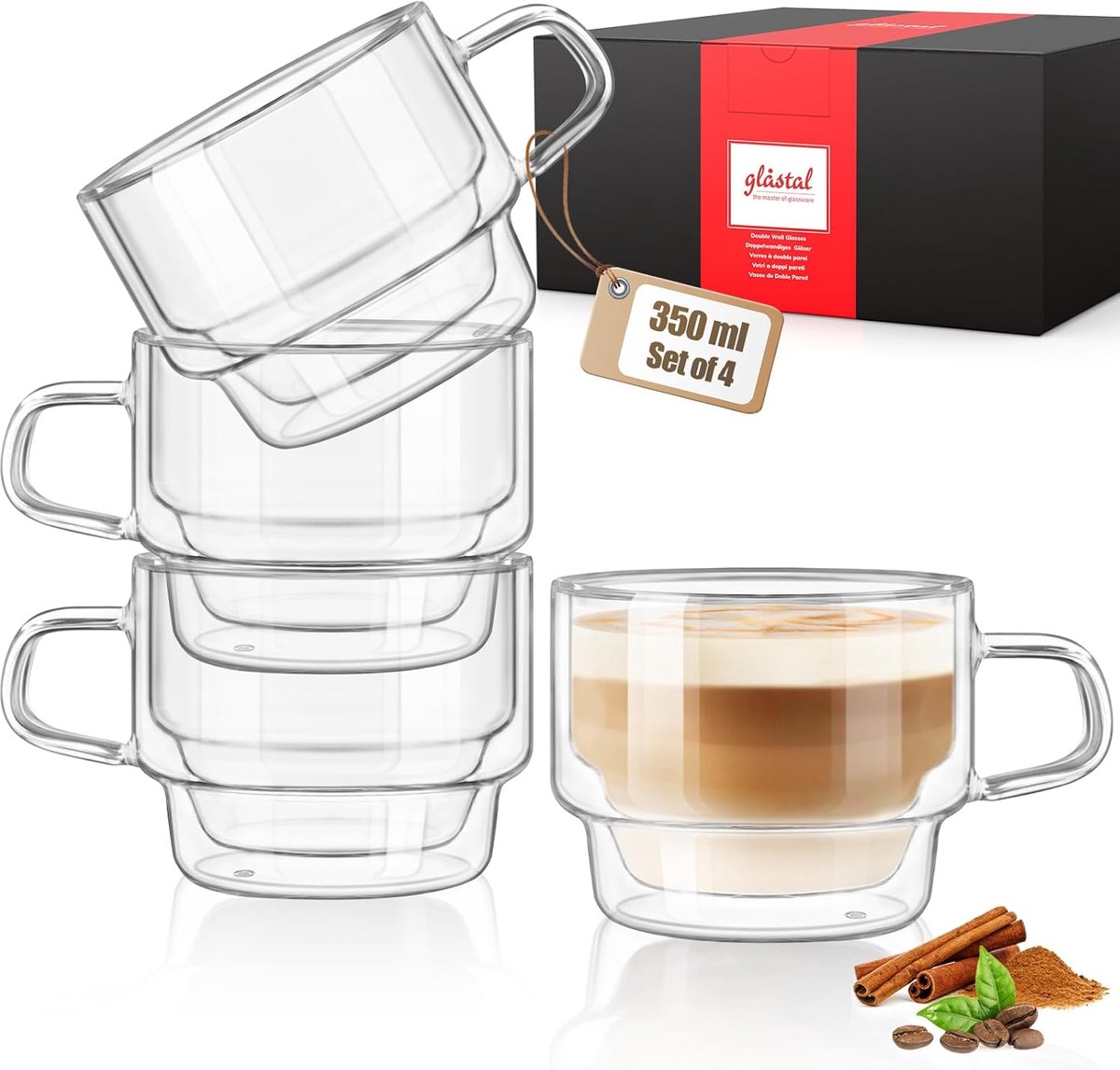 Dubbelwandige koffieglazen - Latte macchiato set - 4 stuks - stapelbaar