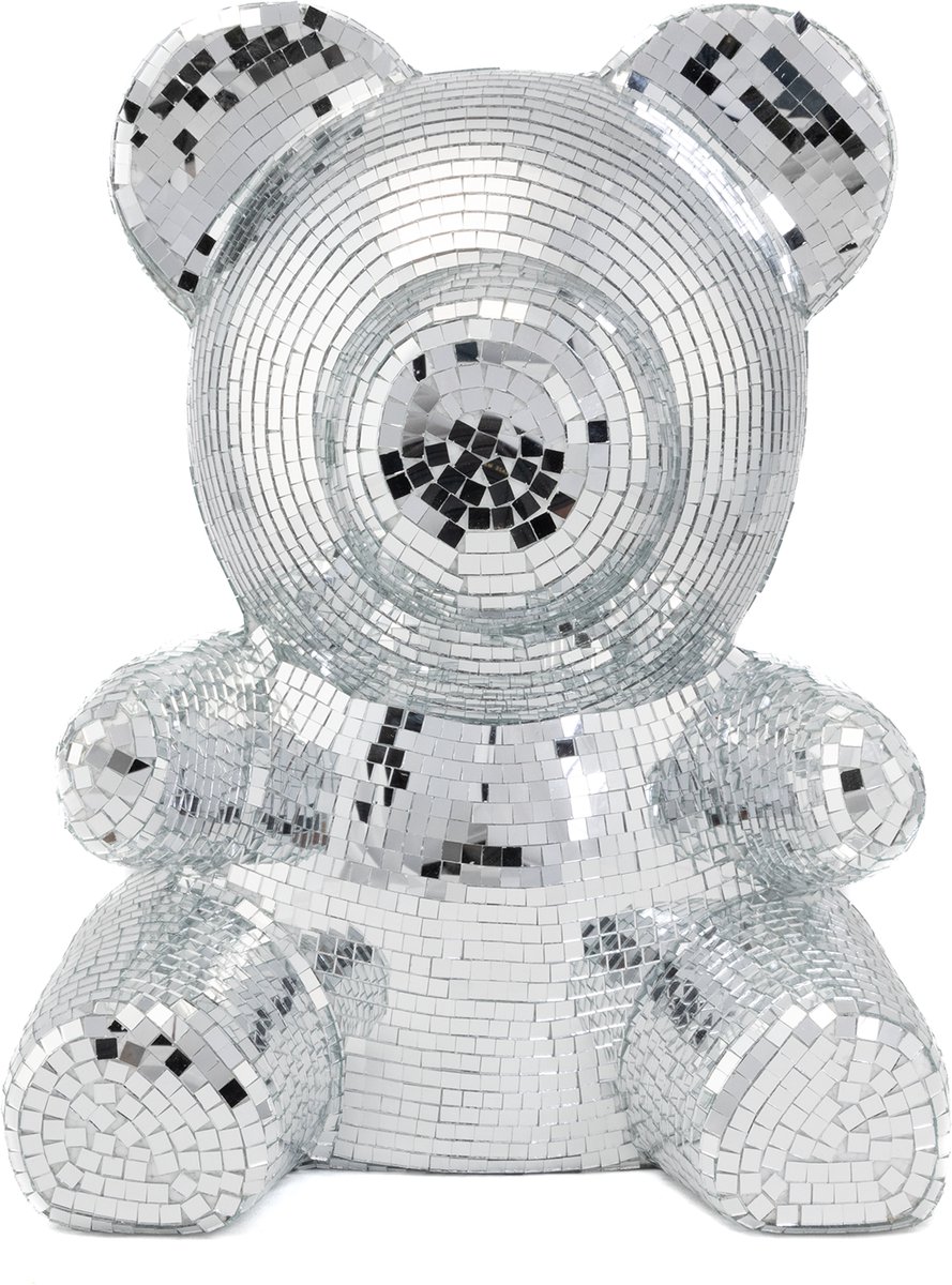 KIMU® Teddybeer 31 cm Spiegeltjes Zilver - Beer Discobal Pop Beeld Standbeeld Disco Spiegel - Deco Discobol Spiegelbol Glitter Decoratie Festival