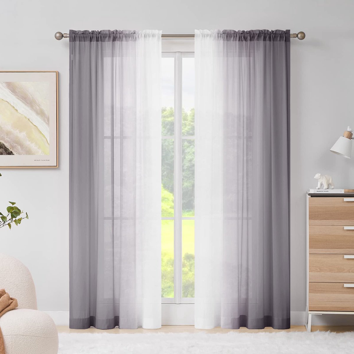 Ibenzoa Gordijnen met Ombre Effect en Semi-Transparante Stof voor Woonkamer, Set van 2, 225 x 140 cm, Grijs grijs wit