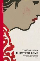 Boekcover van Thirst for Love door Yukio Mishima, met een gedeeltelijk gezicht en rode en witte patronen.