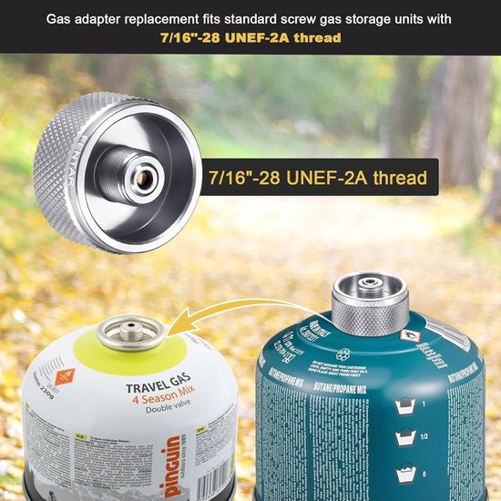Allecto Plus - Afstandhouder-adapter voor campingkooktoestellen - Geschikt voor klein gaspatronen - Adapter voor standaard schroefgasopslag - Met 7/16"-28 UNEF-2A schroefdraad - Voor SOTO en MSR gasfornuis — afbeelding 2