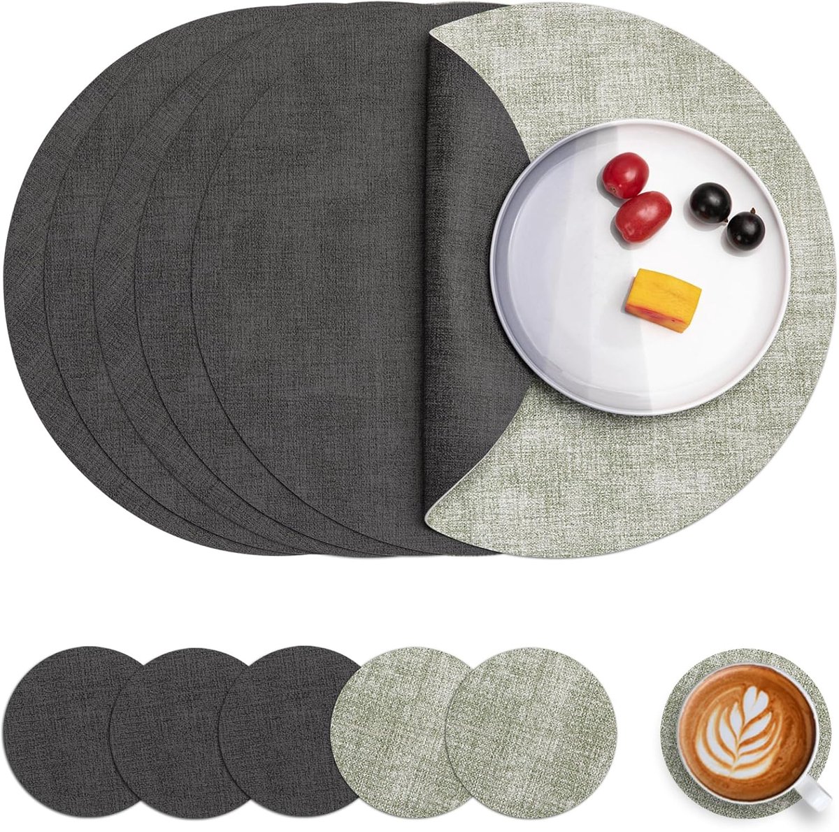 Ronde Lederen Placemat - Waterdicht - Sets van 6 - Grijs Groen