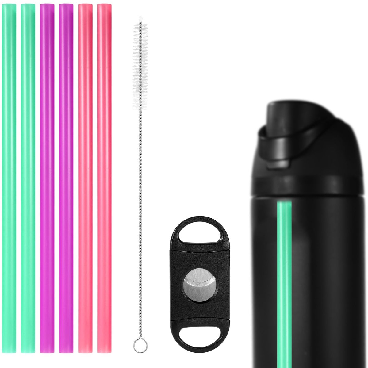 Image of 6 stuks siliconen vervangende rietjes in paars, roze en cyaan, geschikt voor Owala FreeSip geïsoleerde waterflessen van 414 ml tot 1183 ml voor eenvoudig drinken