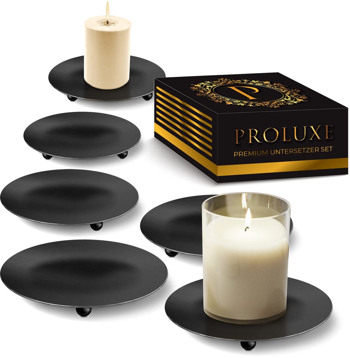 PROLUXE ® Kaarsenhouder Zwart 6-delig Design - Kaarsenhouder van hoogwaardig metaal - Kaarsenonderzetters - Kaarsendecoratie van premium kwaliteit - Set van 6 kaarsenborden - Cadeauartikel