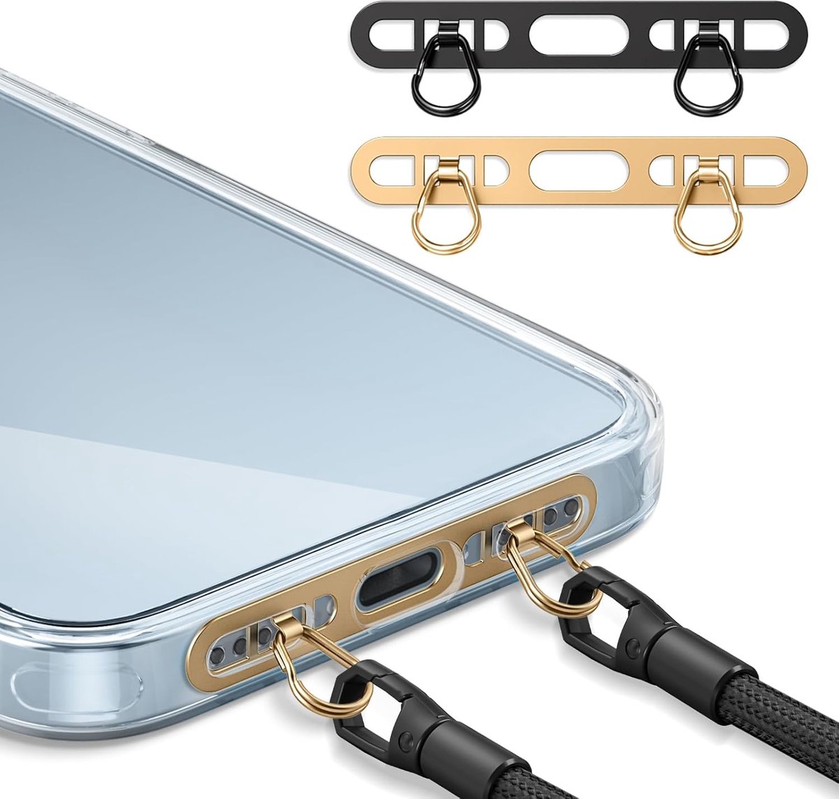 Telefoonketting - 2 Stuks - Universalpads met 2 Ringen - Telefoonhanger voor iPhone - Telefoonketting Pads voor Meeste Smartphones (Champagnegoud+Zwart)
