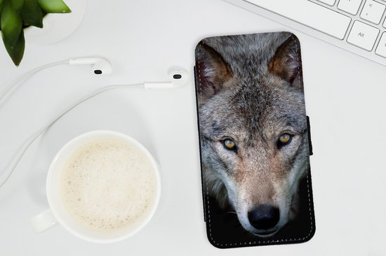 Étui pour iPhone 7 Bookcase - Loup - Portrait - Zwart - Avec poches - Étui portefeuille avec fermeture magnétique