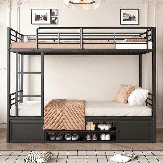 Moimhear IJzeren bed, stapelbed, geschikt voor kinderen en jongeren, met uittrekbed, vier zijroosters op het bovenste bed, ijzer, 90 x 200 cm en 90 x 190 cm