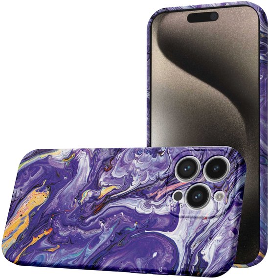 iPhone 15 Pro Max hoesje met paars, wit en gouden marmerprint. Beschermhoes met camera-uitsparing.
